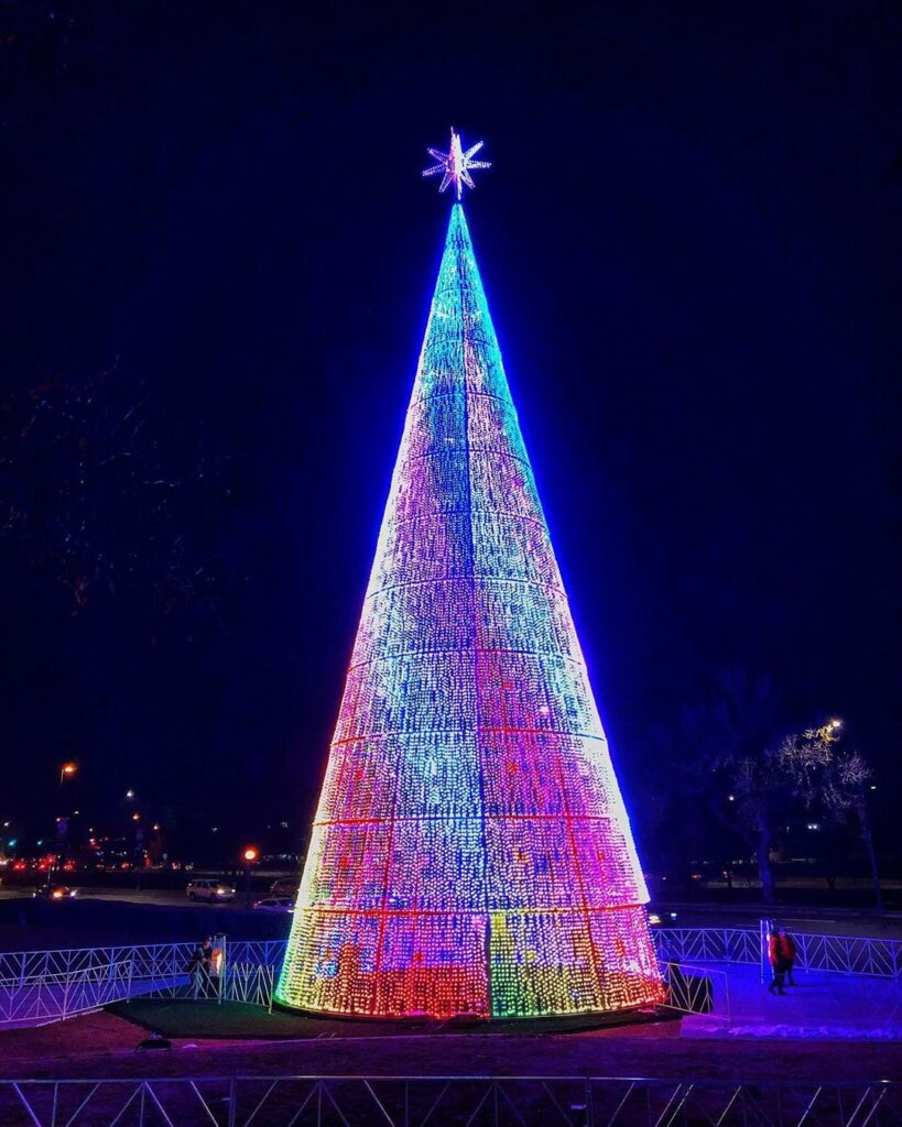 Photo courtesy of @shiraznzero

Mile High Tree ? 110ft tall, 39ft in diameter and covered in 60,000 strands of LED lights.